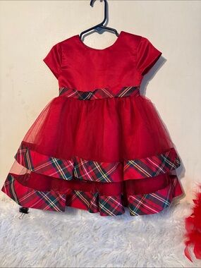 Blueberi Boulevard Red Tulle Plaid Trim Girls' Party Dress